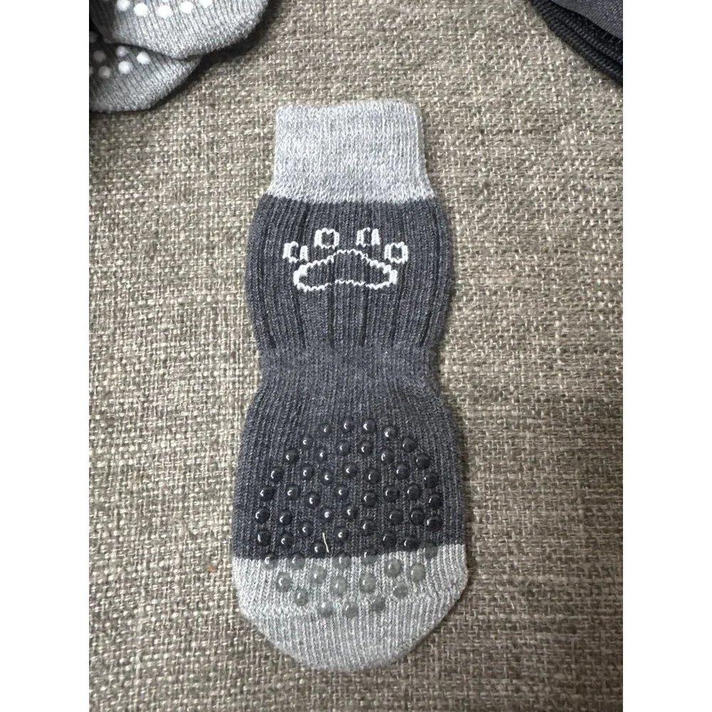 Anti-Slip Dog Socks With Straps Grey & White Paw Print Design Adj Hook & Loop